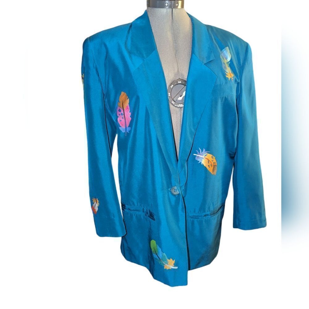 Vintage‎ Elisa teal silk with feather details jacket boho